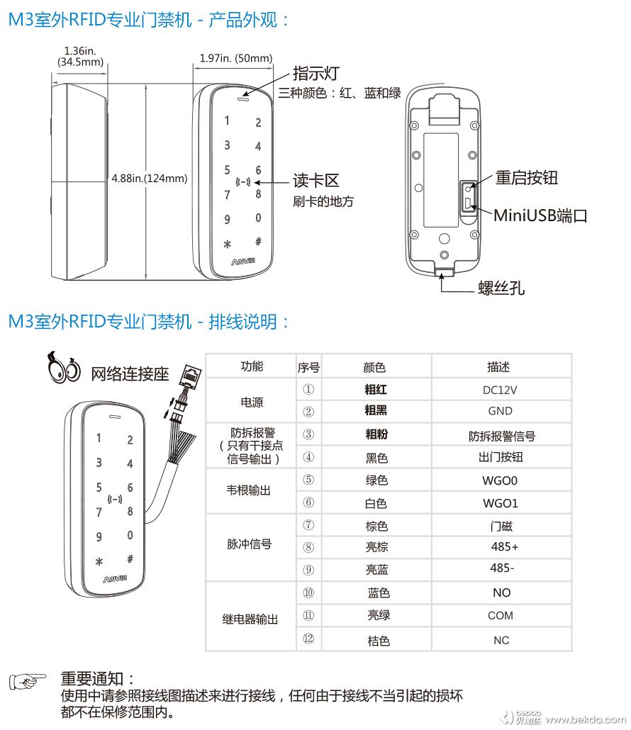 M3专业门禁机接线排线说明