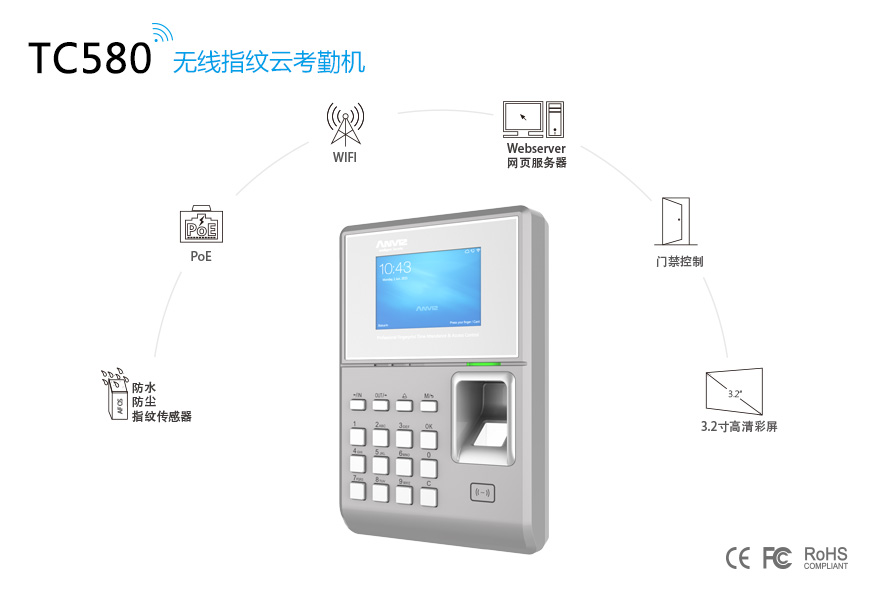 TC580无线指纹云考勤机